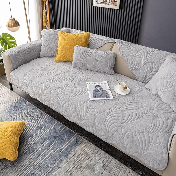 Couch Covers Plush Quilted Sofa Covers for Sectional Sofa Washable | Palm Leaves Couch Cover Chenille Non Slip Sofa Covers Soft Sofa Slipcover Furniture Protector for Pets Kids Children Dogs Cat - Image 6