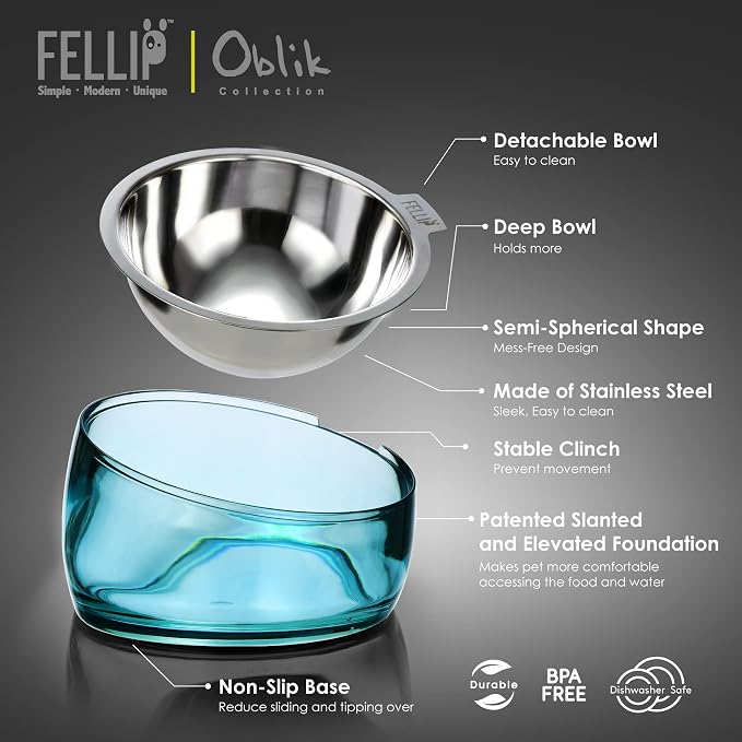 Felli Pet Oblik Acrylic Raised Dog Food Water Bowl Stainless Steel Slanted Oval Dish for Short Leg Puppy & Small Medium Pet, Elevated Tilted Metal Feeder (Sapphire, 1.5 Cups Oval Dish) - Image 6