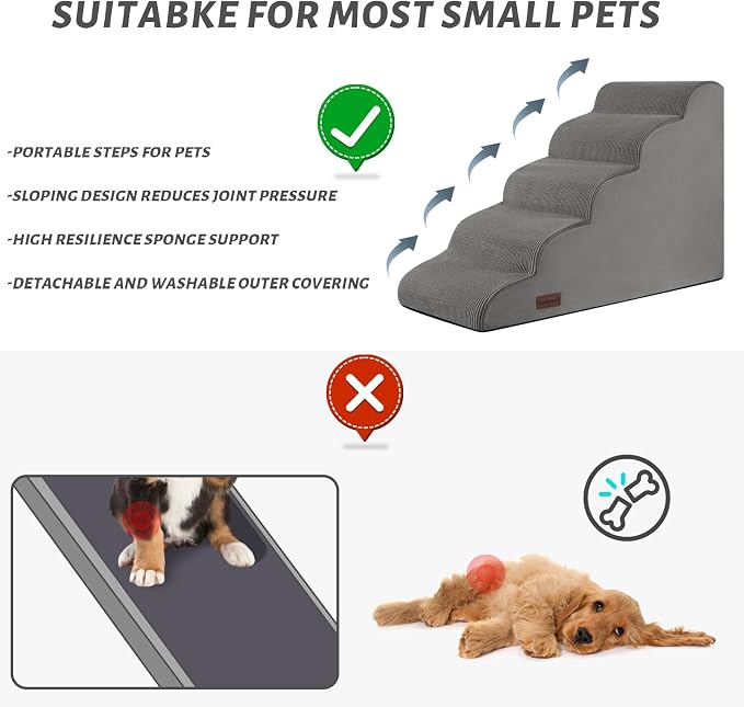 Aodisman Dog Stairs for High Bed,5-Step Pet Ramp for Small Dogs and Cats | 22.2" H Dog Steps for Bed with High-Density Foam, Help Olders,Short-Legged Dogs,Puppy and Cats Get on Beds Easily,Grey,Grey - Image 7