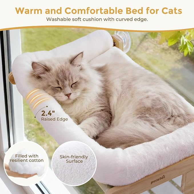 Pecute Foldable Cat Window Perch, Cloud-Soft Cat Bed with Wood Frame, 26" L | Solid Wood, Strong Suction Cup, Washable Cushion, Sided Bolster, Large Cat Hammock Indoor for Sunbathing, Bird Watching - Image 6
