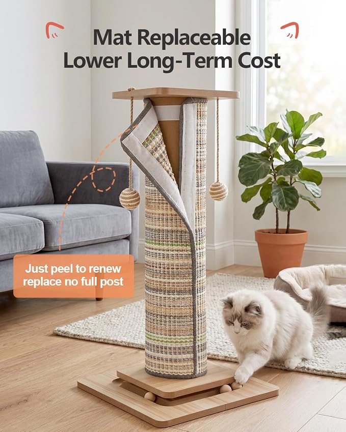 Odoland 31" Tall Large Cat Scratching Post with Replaceable Scratcher Pad | Natural Sisal, Solid Wood Base, Sturdy Durable Replaceable Pad, Interactive Track, Top Perch, Indoor Adult Cats Kitten - Image 3