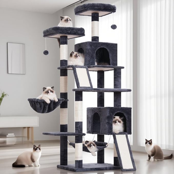 Cat Tree, 71'' Tower for Large Cat with Scratching Post, GCT032G | 2 Cat Condo House for Indoor Cats Large Adult, 2 Scratching Boards, 7 Posts, 2 Plush Perches, Hammock, Basket, Smoky Gray - Image 8