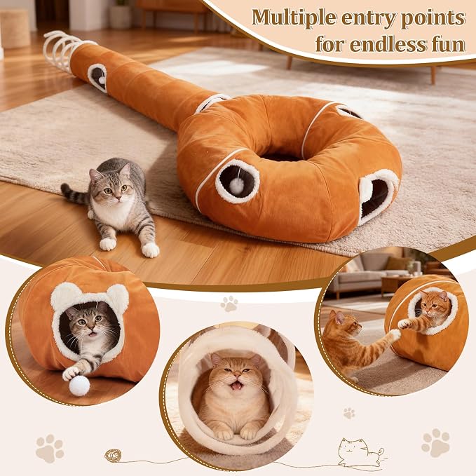 Ownpets 2-in-1 Cat Tunnel Large Lollipop Collapsible Cave Plush 12"D Orange | Foldable Tunnel Bed, Fluffy Ball, Multi-Exit Maze, For Cats Kittens Puppies Rabbits, Soft Plush, Easy Store, Cozy Hiding Spot - Image 4
