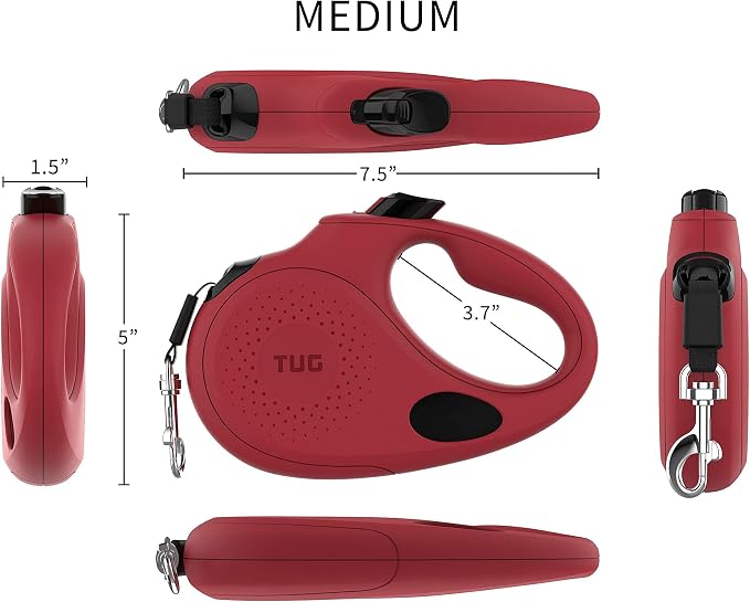 TUG Oval 360° Tangle-Free Retractable Dog Leash with Integrated Waste Bag Dispenser (Medium, Red) - Image 3