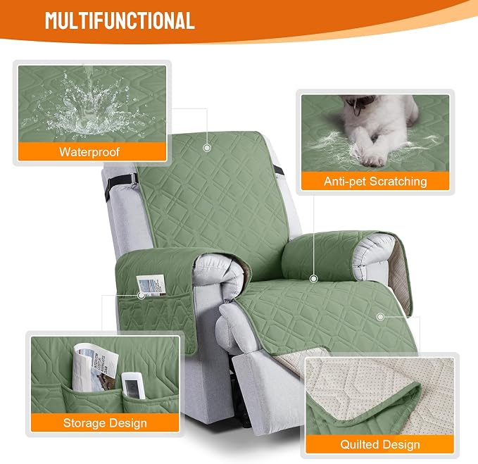 VANSOFY 100% Waterproof Recliner Chair Covers Washable, Bean Green, 25" | Non-Slip, Slipcover with Pocket, Furniture Protector, Elastic Straps, Chair Cover for Pets, Dogs - Image 4