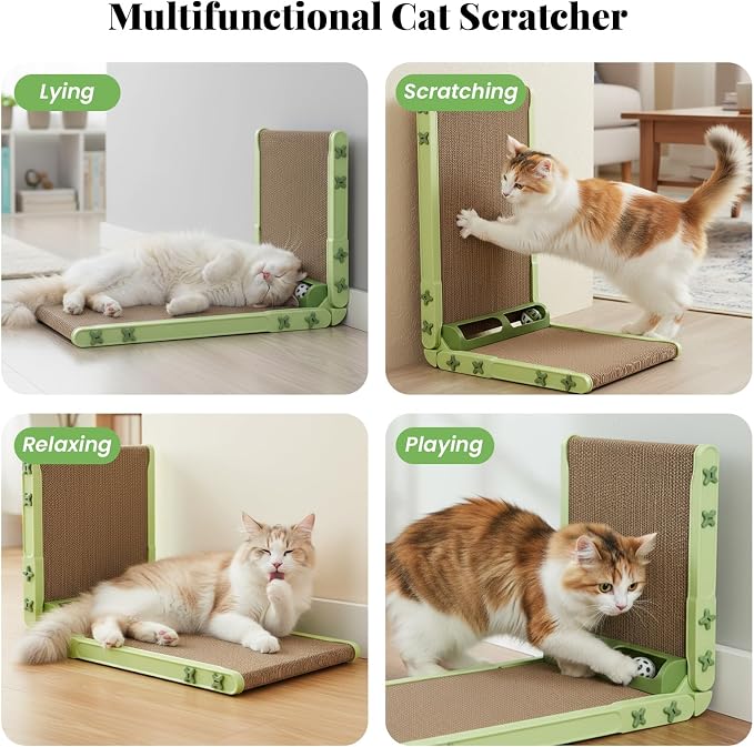 L Shape Cat Scratcher, 26.8 Inch Cat Scratchers for Indoor Cats, Protecting Furniture Cat Scratch Pad, Cardboard Cat Scratching with Ball Toy, Catnip, Large (Green) - Image 4