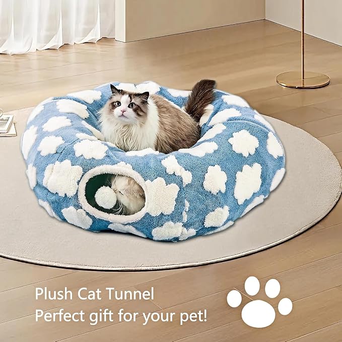 Cat Tunnel Bed with Washable Cushion for Indoor Cat, Donut Cave Tube Toys for Kitten Puppy Rabbit, Blue - Image 6