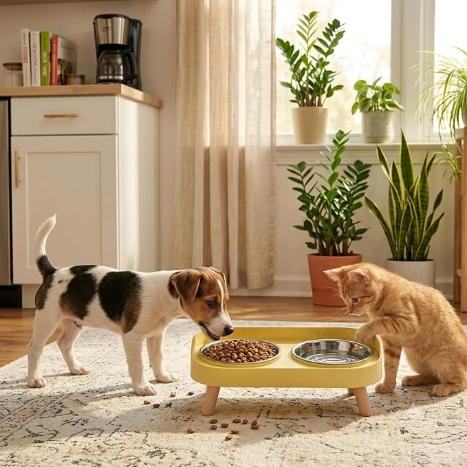 Elevated Cat Bowls, 2 Stainless Steel Raised Cat Food and Water Bowl Set, Splash Proof & Non-Slip, Whisker Fatigue Friendly, Dishwasher Safe for Cats and Small Dogs - Yellow - Image 6