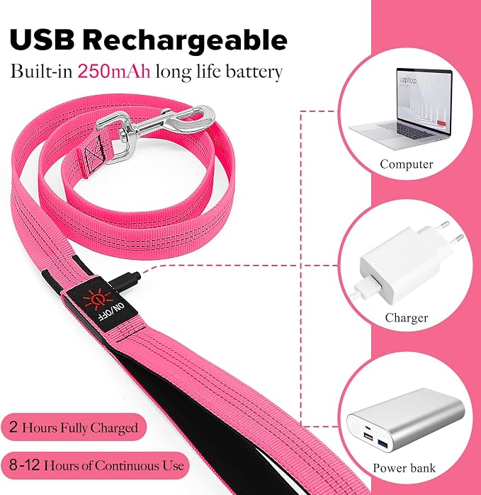 Illumifun LED Dog Leash - USB Rechargeable Light Up Dog Leash Glow in the Dark, Nylon Glowing Dog Lead for Your Dogs Walking (PinkⅡ) - Image 4