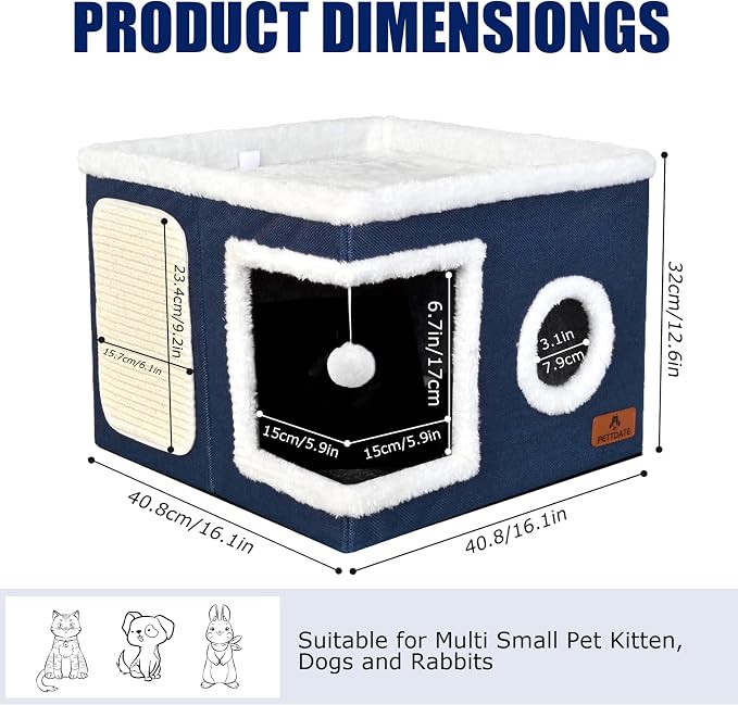 Cat Beds for Indoor Cats, Large Cat Cave Bed with Scratch Pad and Fluffy Ball, Foldable Cat Hideaway, Cat House with Reversible Cushion for Multi Small Pet Up to 30LBS, Blue - Image 2