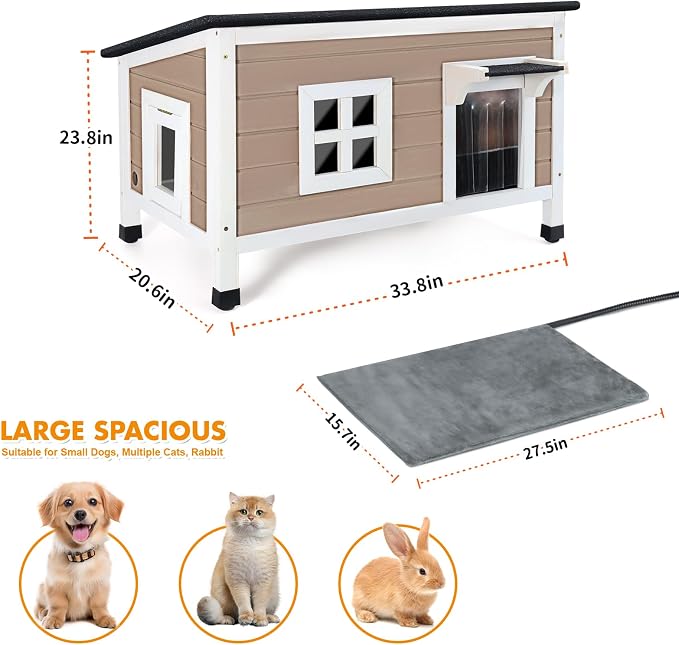 Wooden Heated Cat House for Outside Outdoor Cat House Weatherproof Insulated Feral Cat Shelter with Heater, Built-in Insulated Foam Panel, Elevated Base, Slanting Roof, Large 33.8*20.6*23.8 inches - Image 5