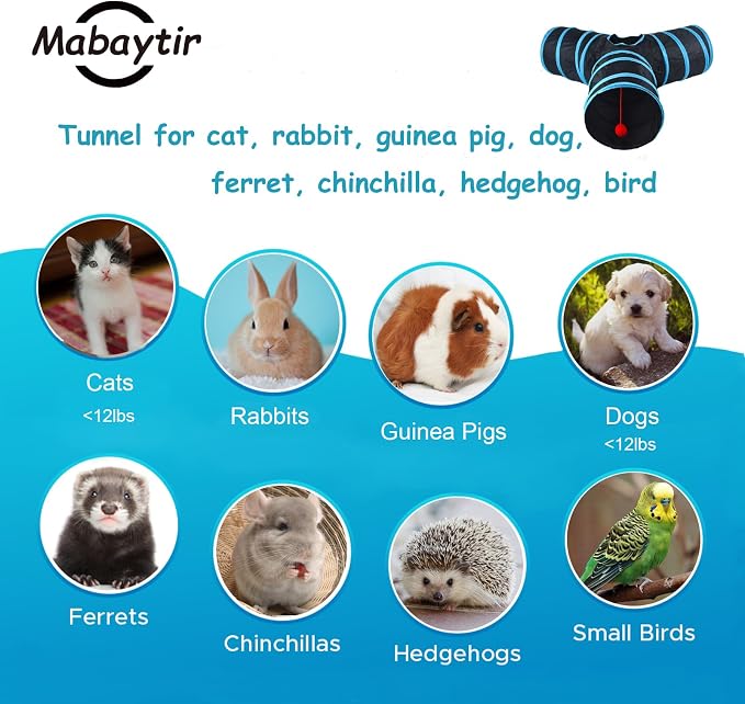 3-Way Collapsible Cat Tunnel Tube Toy Black Blue | Interactive Tunnel with Hanging Ball & Peek Hole for Indoor Cats, Kittens, Puppies, Rabbits | Hours of Fun & Exercise - Image 5