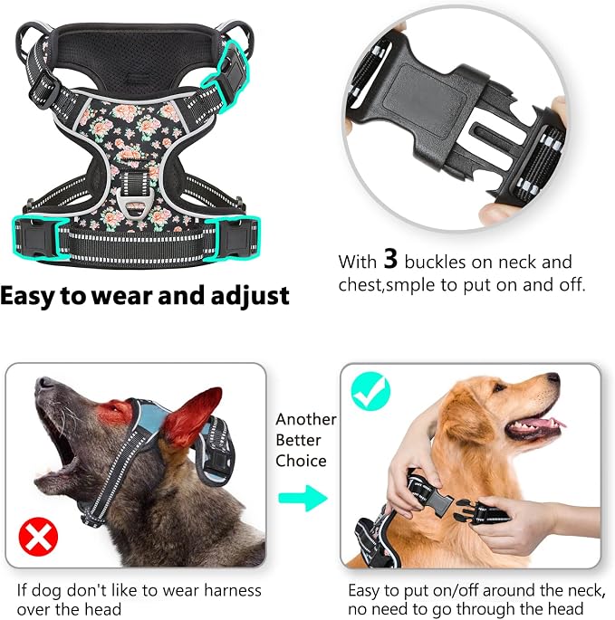 Timos Dog Harness Medium Sized, Quick Release 3 Buckles, Black Rose, M | Reflective No Pull No Choke, Easy On & Off, Adjustable Soft Padded, Front & Back 2 Clips and Control Handle for Walking - Image 3