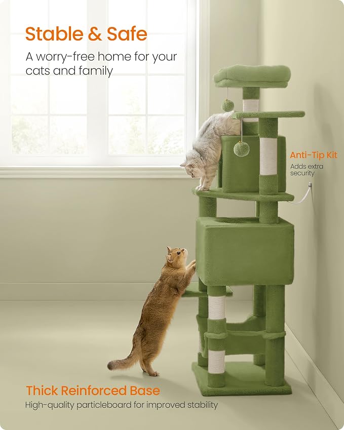 Feandrea Cat Tree, 59.5-Inch Tall Cat Tower, Plush Multi-Level Condo with 5 Scratching Posts, 2 Perches, 2 Caves, Hammock, 2 Pompoms, Grass Green UPCT192C02 - Image 6