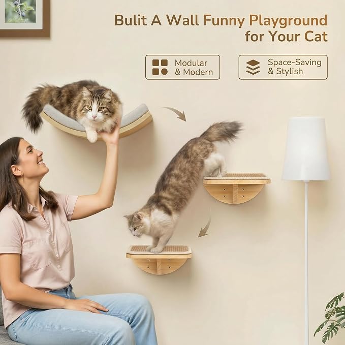 Cat Window Perches, Cat Wall Shelves with Curved Bed and 2 Sisal Mat Steps | Cat Wall Furniture with Curved Beige Bed & 2 Floating Steps for All Breeds, 3-in-1 Cat Wall Set for Climbing & Lounging - Image 3