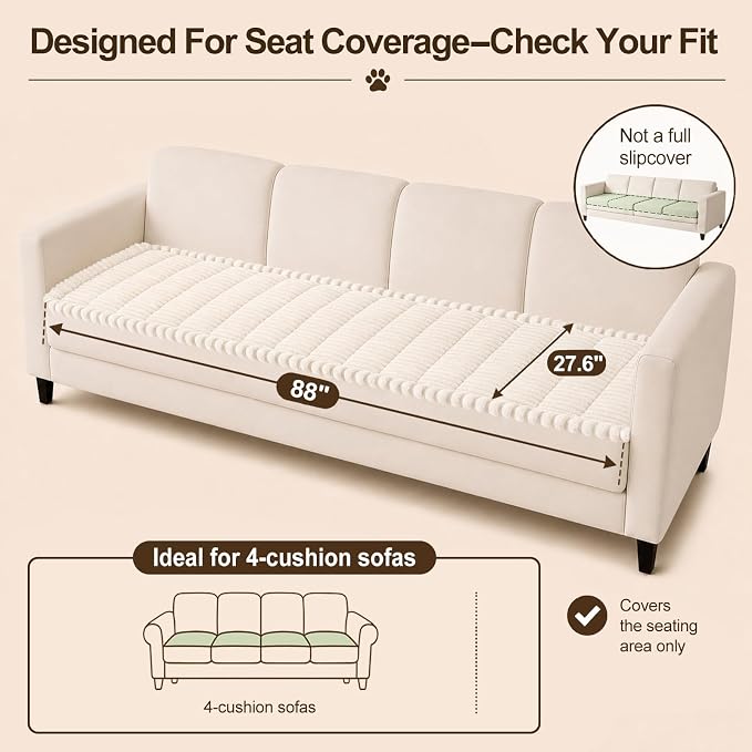 decorUhome Couch Cover for Dogs, Non Slip Fuzzy Thick Pet Sofa Protector | Pet Friendly, Machine Washable, Fits 4-Cushion Sofa, Protects Against Pet Hair, Scratches & Daily Messes, White, 27.6" x 88" - Image 10