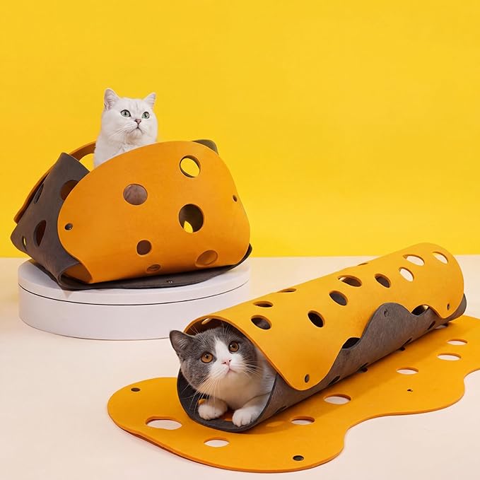 ZEZE Cheese Cat Tunnel for Indoor Cats, Felt Peek Hole Hide Tunnel Toy with Snap Buttons, Foldable Interactive Cat Play Mat for Hide & Seek and Indoor Enrichment by zeze%7COnlythebestforyourlovingpet