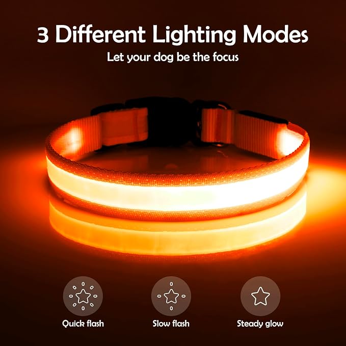 Vizpet LED Dog Collar, Light Up Dog Collar Adjustable USB Rechargeable Super Bright Safety Light Glowing Collars for Dogs(Large,Orange) - Image 2