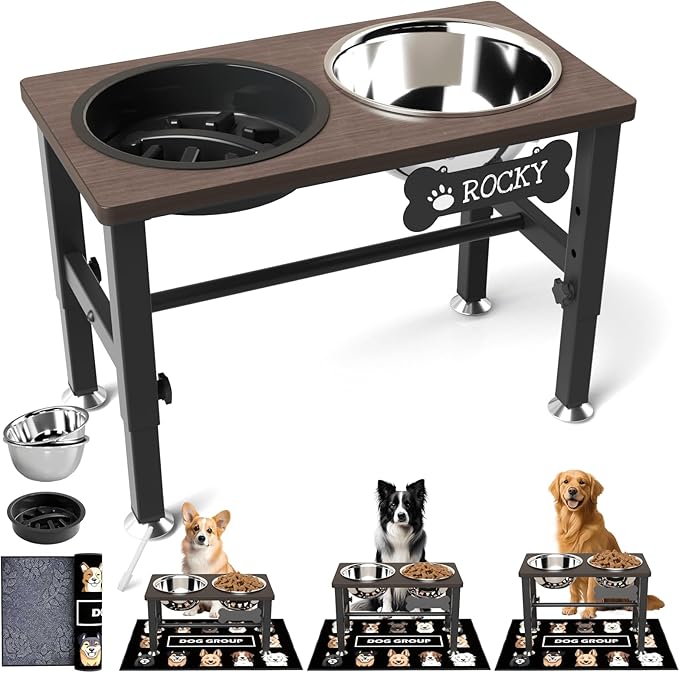 SHAINFUN Elevated Dog Bowls with Slow Feeder & Mat for Medium Large Dogs, Adjustable Height, Raised Dog Bowl Stand with 2 Stainless Steel 58oz Bowls, Tall Dogs Food Water Bowl Wooden & Metal Holder by SHAINFUN