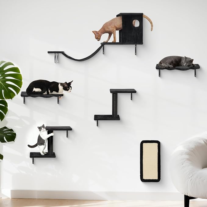 Meecal 6-in-1 Cat Wall Shelves, Wall Mounted Cat Furniture Set with Scratching Posts, Cat Bed & Bridge, Space Saving Cat Climbing Perch for Kittens, Black by Meecal