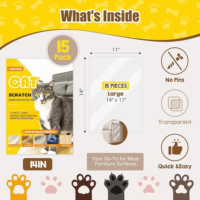 15Pcs Cat Scratch Furniture Protector Single Sided Couch Protector Sofa 14" | Self-Adhesive, Thickened Clear PVC Shield, Residue-Free Peel & Stick, Trimmable Custom Sizes, Safe Scratching Deterrent - Image 7