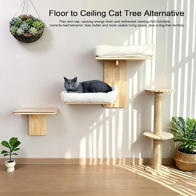 Cat Wall Shelves with Cat Bed 2 in 1 Furniture with Soft Cushion Perch & Pet Cooling Mat 2 Platform Climbing Wall Systems Tree Tower for Indoor Cats Rubber Wood Corner Floating Shelf - Image 2