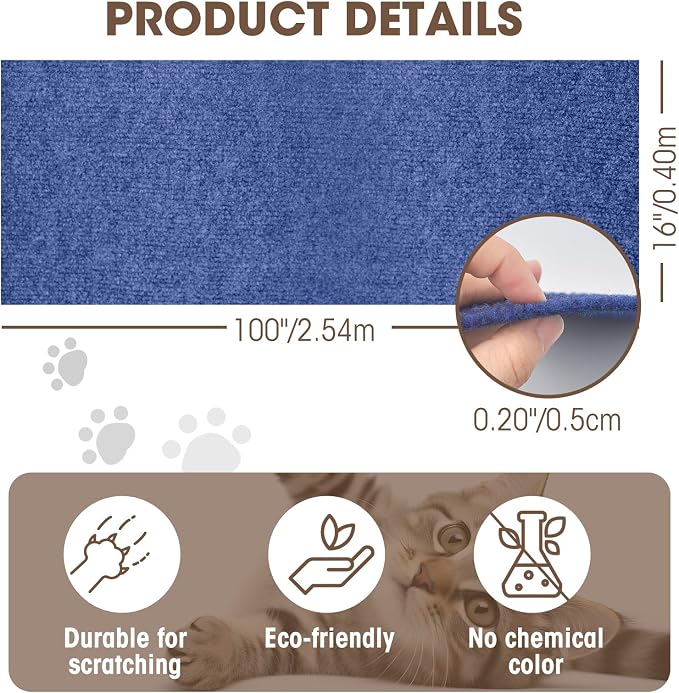 Cat Scratching Mat, 100"x16" Self-Adhesive Carpet Mat Trimmable Replacement for Cat Tree, Cat Wall Shelves, Cat Scratching Post, TanoFalo DIY Couch Furniture Protector (Dark Blue) - Image 5
