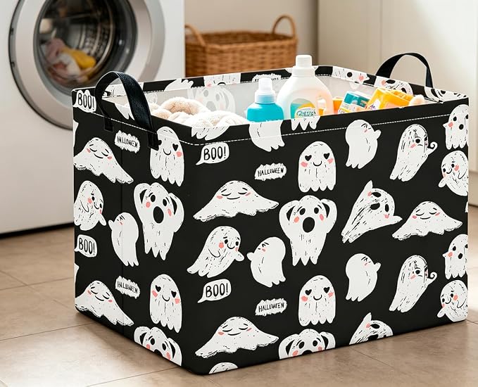 CLOCOR Rectangular Storage Basket Empty,Gift Basket,Waterproof Storage Bin with Handles,Room Decor(Black Ghost Halloween) - Image 3