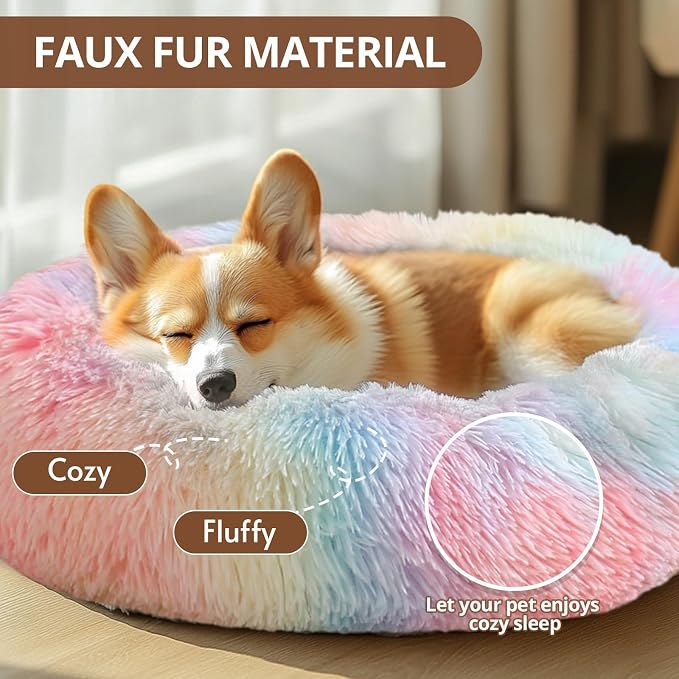 JOLLYVOGUE Calming Dog Bed Medium Size Dog, Anti-Anxiety Donut Medium Pet Bed, 27 inches Fluffy Faux Fur Round Cat Bed (Rainbow) - Image 2