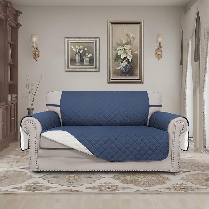 Easy-Going Reversible Couch Cover, 2 Cushion Sofa, Dark Blue/Ivory | Loveseat Slipcover For Dogs, Water Resistant Furniture Mat, Living Room, Non-Slip Sofa Cover, Pet Friendly - Image 2