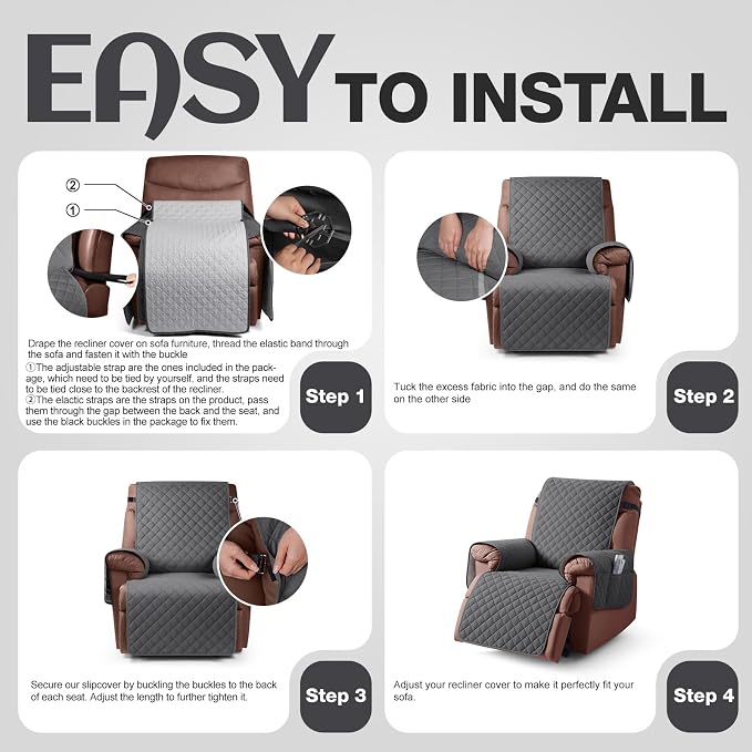 KinCam 100% Waterproof Recliner Chair Covers Washable, 23.6", Charcoal Gray | Anti Slip Reclining Couch Covers for Pets Dog, Recliner Sofa Slipcover Storage Pocket, Furniture Protector with Elastic Strap - Image 7