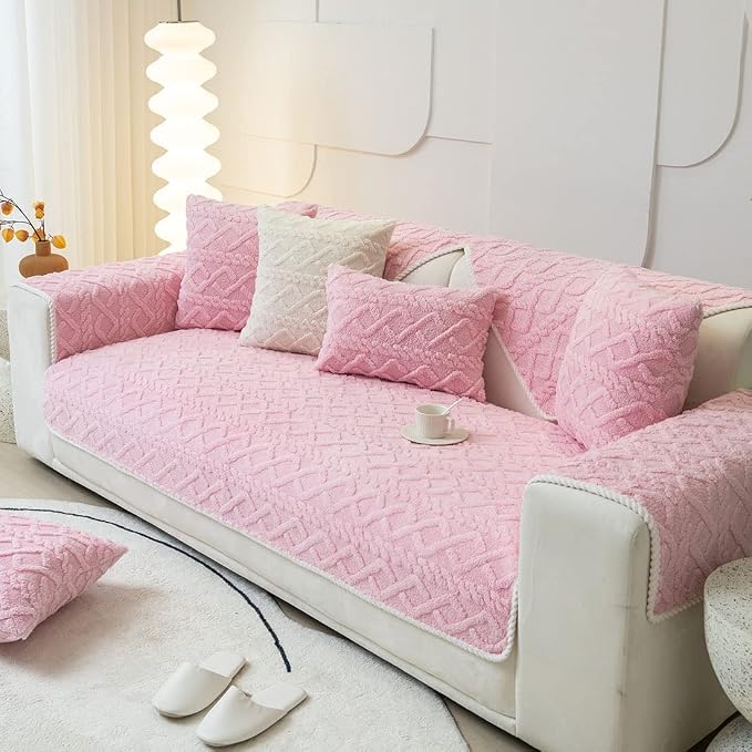 vctops Geometric Jacquard Plush Sofa Couch Covers Farmhouse Neutral Non Slip Sectional Couch Cover Soft Warm Sofa Slipcover for Dogs, Children, Pets Furniture Protector (Pink,43"x63") - Image 3