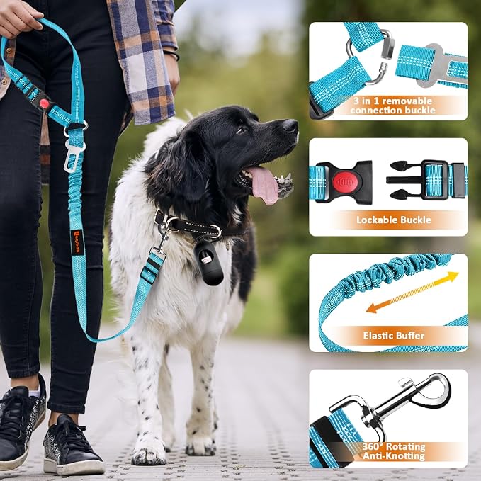 Removable Dog Seat Belt Harness for Car, 3 in 1 Pet Dog Car Seatbelt Leash, Retractable Restraint Secures to Vehicle Headrest & Adjustable Reflective Bungee Dog Seatbelt Tether, Blue and Black | Retractable Headrest-Mounted,Restraint & Adjustable Refle... - Image 6