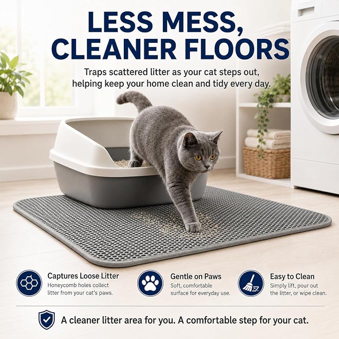 Cat Litter Mat 24 x 18 Inch, Double-Layer Honeycomb Litter Trapping Mat with Waterproof Leatherette Bottom, Urine-Resistant, Non-Slip, Easy to Clean, Gray - Image 7