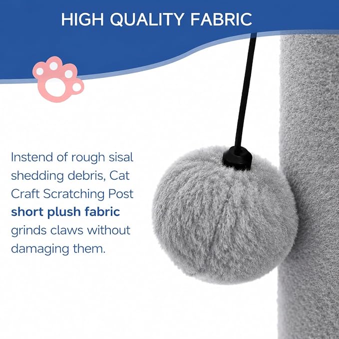 Cat Craft 41" Tall Cat Scratching Post for Large Cats, Light Grey | Short Plush Fabric, Stable Wide Base, Replaceable Hanging Ball, Full Stretch Design - Image 3