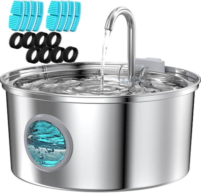 Stainless Steel Cat Fountain - 108oz/3.2L Pet Fountain for Cats Indoor - Quiet - Contains 8 Filters + 8 Sponges by FOFNON