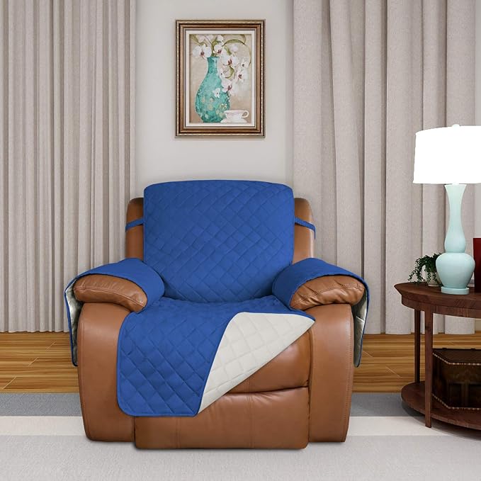 PureFit Reversible Quilted Oversized Recliner Sofa Cover, Water Resistant Furniture Protector, Washable Couch Cover with Elastic Straps for Kids, Pets (Large, Classic Blue/Ivory) | Classic Blue/Ivory, Water Resistant Couch Protector, Washable Pet Couch... - Image 2