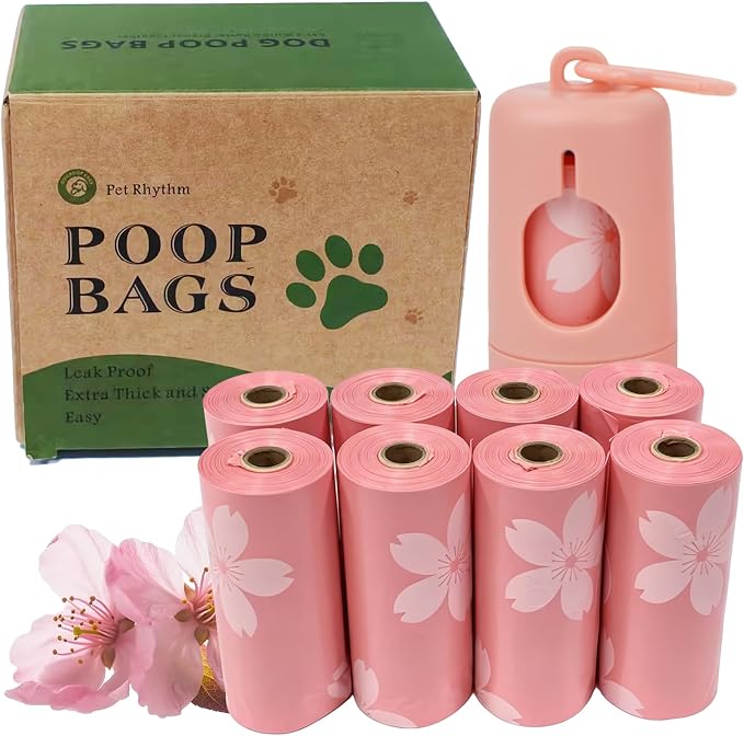 Cherry Blossom Scented Dog Poop Bags - 8 Rolls 120 counts | Leak Proof Extra Large 13x9 Inch Pink Dog poop bags rolls with Dispensers, Fragrance Bags for Dogs Walking and Cat Litter by Petrhythm