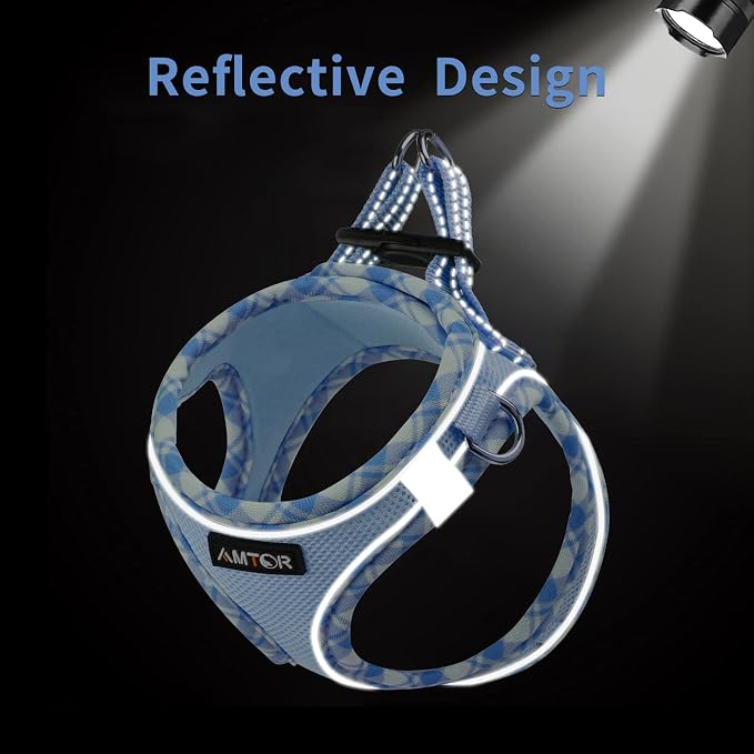 AMTOR Small Dog Harness with Leash Set, No Escape Easy Walk Puppy Harnesses for Training Walking, Step-in Reflective Soft Dogs Vest for XS S Medium Extra-Small Large Sized Dog(Blue/White,S) - Image 3