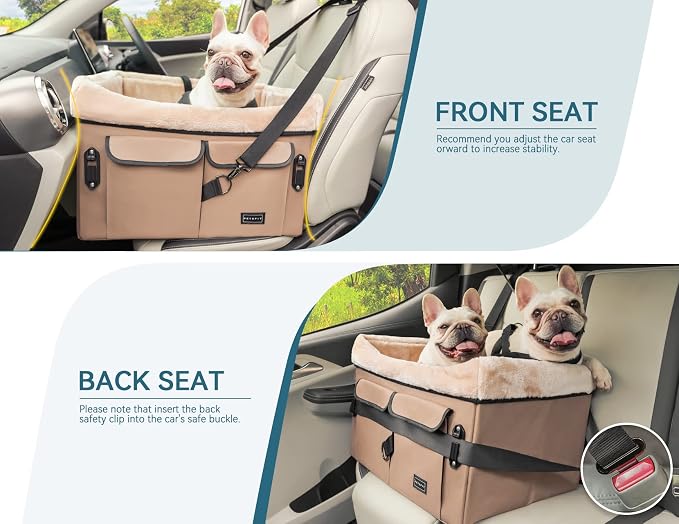 Petsfit Dog Booster Car Seat for Medium Dog or 2 Small Dogs with Patent Buckles, Washable Pad, Upgraded Pet Car Seat for Dogs Up to 45 lbs (Medium, Tan) - Image 2