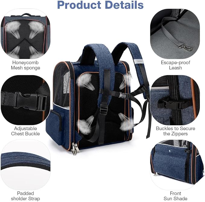 Large Cat Backpack Carrier Expandable Pet Carrier Backpack for Small Dogs Medium Cats Fit Up to 18 Lbs, Dog Backpack Carrier, Foldable Puppy Backpack Carrier for Travel, Hiking,Blue - Image 4
