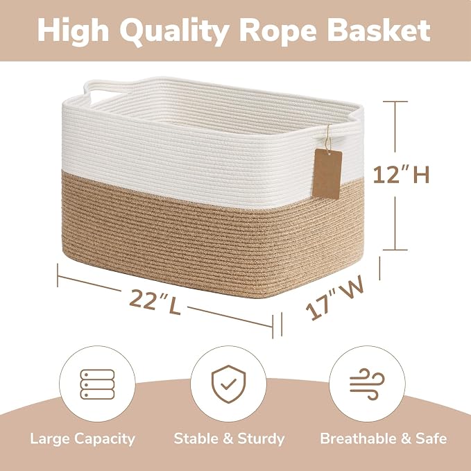 Goodpick 75L Extra Large Woven Rope Blanket Basket, Rectangle, Jute | 22" × 17" × 12" Decorative Storage Basket for Pillows, Toys & Daily Essentials, Fits Living Room, Bedroom & Home Decor - Image 3