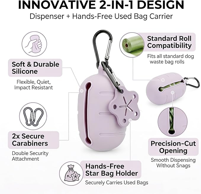 Dog Poop Bag Holder for Leash, 3 PCS Silicone Waste Bag Dispenser | Hands-Free poop knot carrier charm set, walking Accessories,Quiet Pet Gear with Metal Carabiner Clip (Purple/Grey/Navy) - Image 4