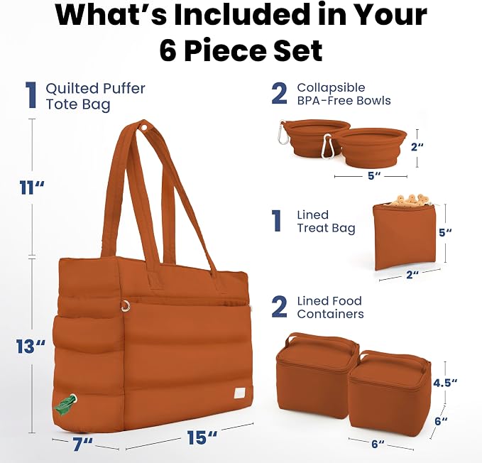 Rubyloo Puffer Dog Travel Bag for Dog Moms, Diaper Bag with Travel Bowls | 2 BPA-Free Collapsible Bowls, 2 Pet Food Containers, 9 Pockets, Everyday Puffer Bag Works With or Without Your Dog, Rust - Image 3