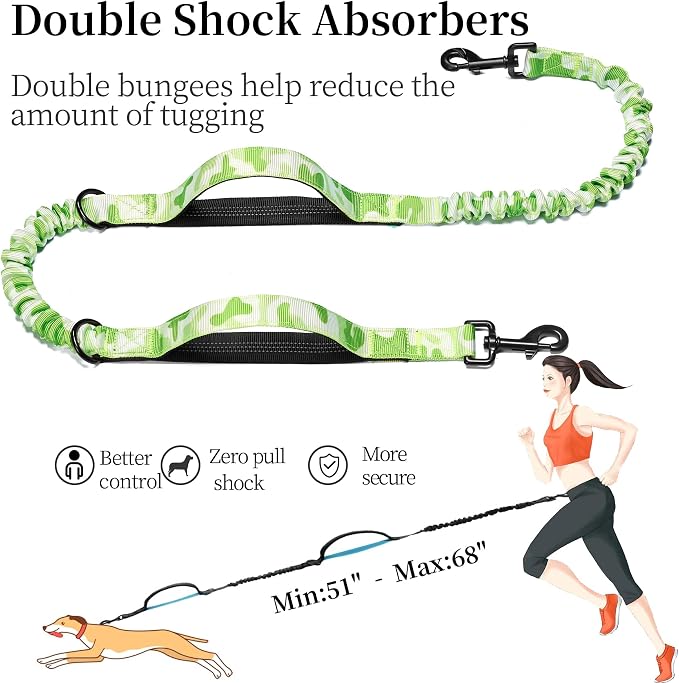Hands Free Dog Leash with Zipper Pouch, White-Green Mix, Large | Waist Leash, Dual Padded Handles, Shock-Absorbing Bungee, Adjustable Waist Belt, Walking and Running - Image 5