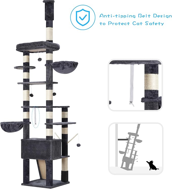 Hey-brother Cat Tree Tower, Adjustable Height, Floor to Ceiling, MPJ091G | 94.5-106.3 Inches Multi-Level Cat House, Scratching Posts, Plush Condo, Platform, Toy Ball for Indoor Big Cats, Smoky Gray - Image 7