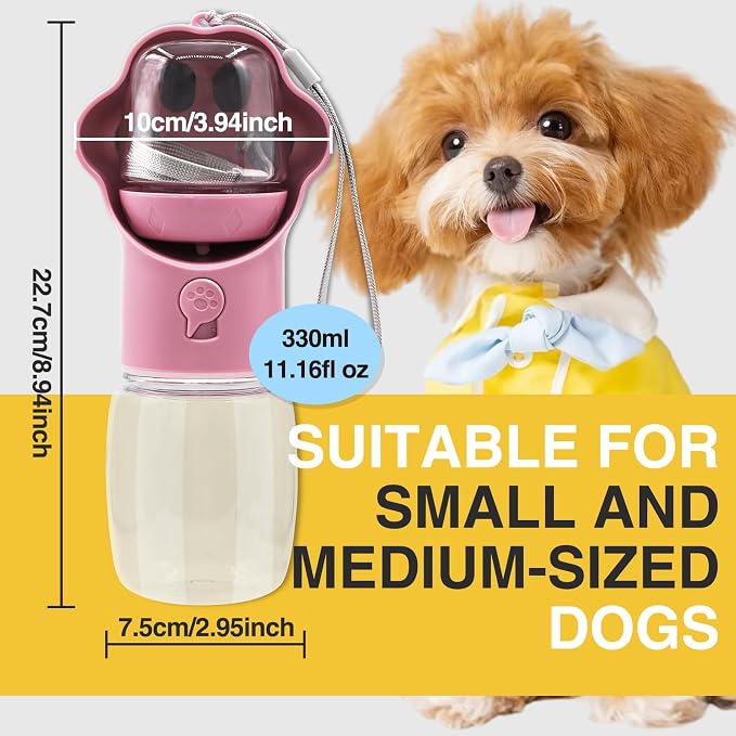 Dog Water Bottle with Food Container, Portable Pet Dispenser, Leak Proof, Hiking, Puppy Travel, Outdoor Activities(11.16 fl.oz/330ml, Pink) - Image 7