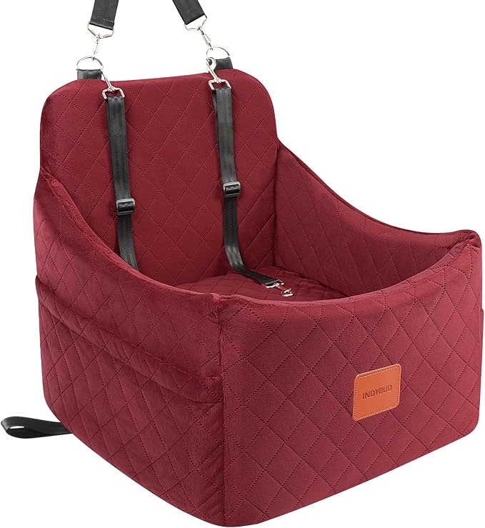 Dog Booster Car Seat for Dogs up to 35lbs, Safety Pet Car Seats with Anti-Slip Bottom, Travel Booster Dog Bed with 2 Storage Pockets (Wine Red, Medium) by INDYBUD