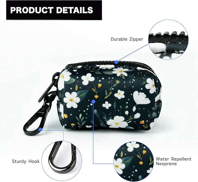 Petmolico Dog Poop Bag Holder Dispenser 2 Pack, Cyan & Flower | Zippered pouch fits any leash, includes free roll of bags, lightweight & portable for daily walks, travel & outdoor use - Image 4