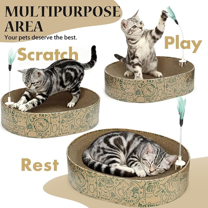 Cat Scratcher Cardboard, 2in1 Oval Cat Scratcher Bed for Indoor Cats Cat, Scratch Pad Bowl with Scratching Toy, Cozy Oval Cat Scratch Bed Furniture for Kittens & Medium Size Cats(Green) - Image 6